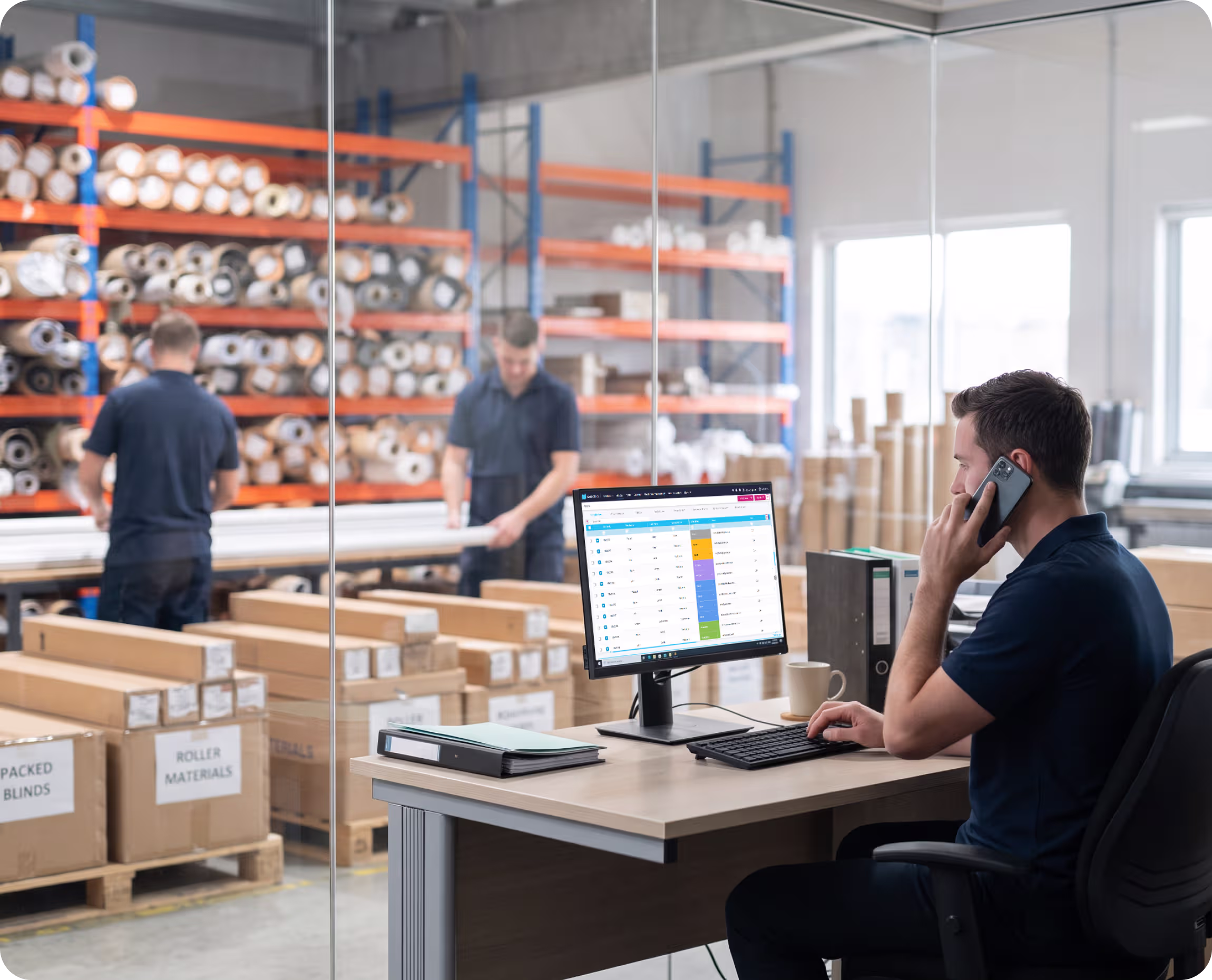 Warehouse team checking fabric stock